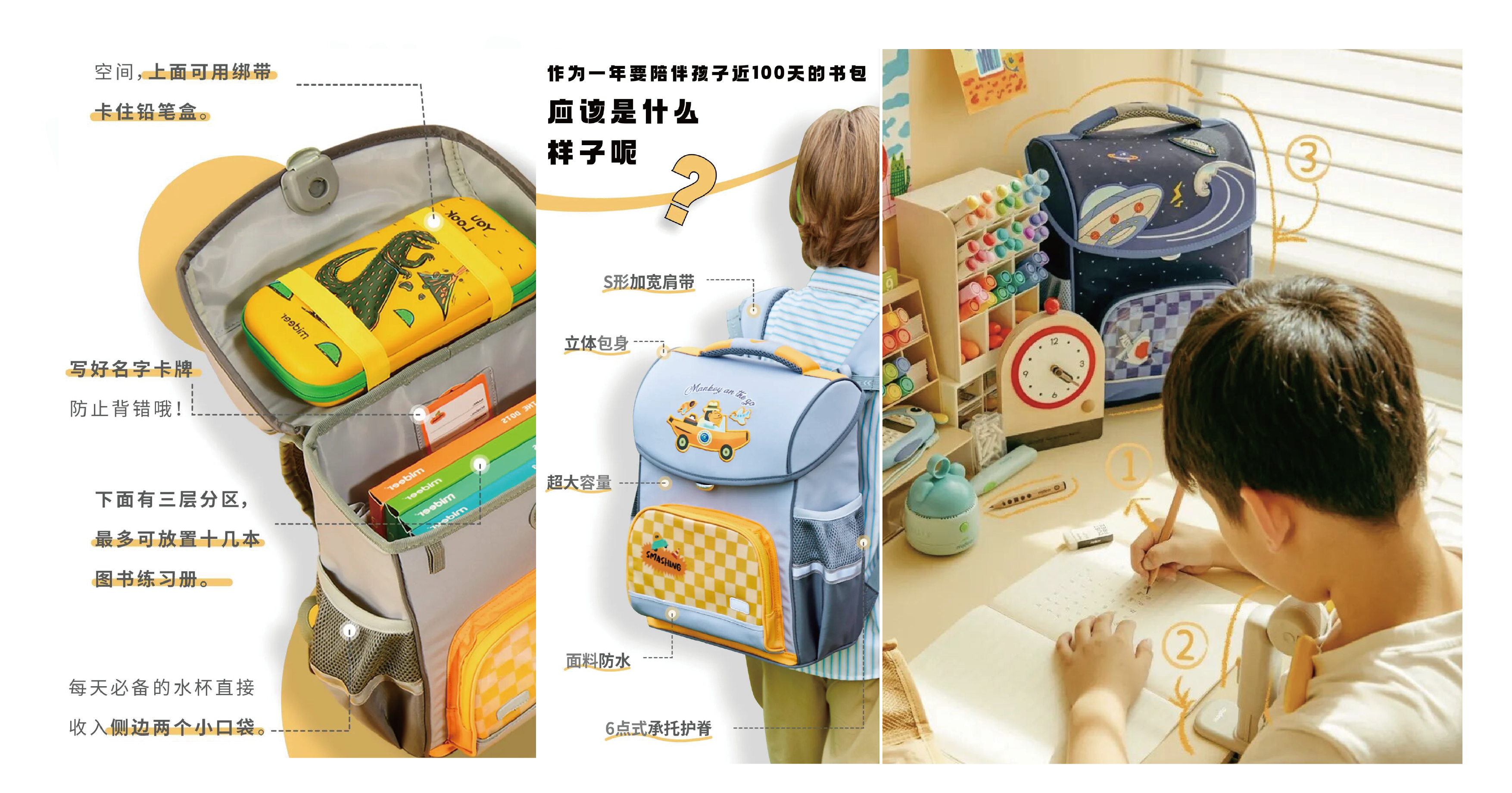 护脊类学龄儿童背包学习场景与收纳说明